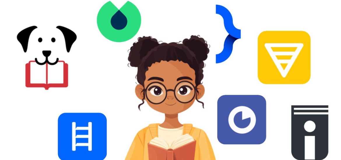 A cartoon of a girl holding a book surrounded by book summary app logos