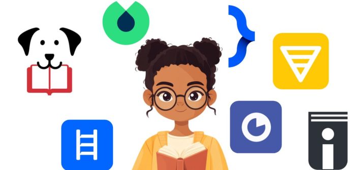 A cartoon of a girl holding a book surrounded by book summary app logos