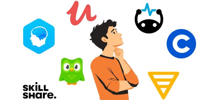 A man thinking surrounded by logos of different microlearning apps