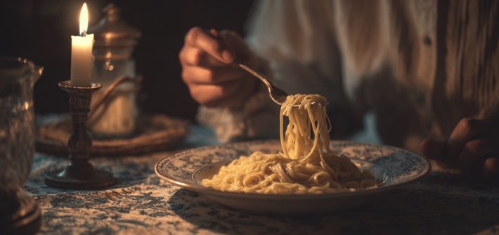 The hands of a person eating pasta by candlelight illustrates strategies for managing cortisol levels