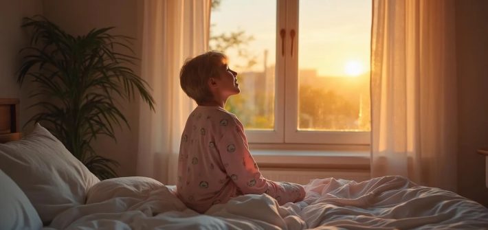 A woman in pajamas sitting on a bed while the sun rises outside the window illustrates cortisol circadian rhythm