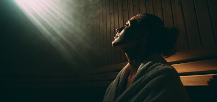 A woman wearing a bathrobe and closing her eyes while relaxing in a sauna illustrates ways to alleviate cortisol burnout