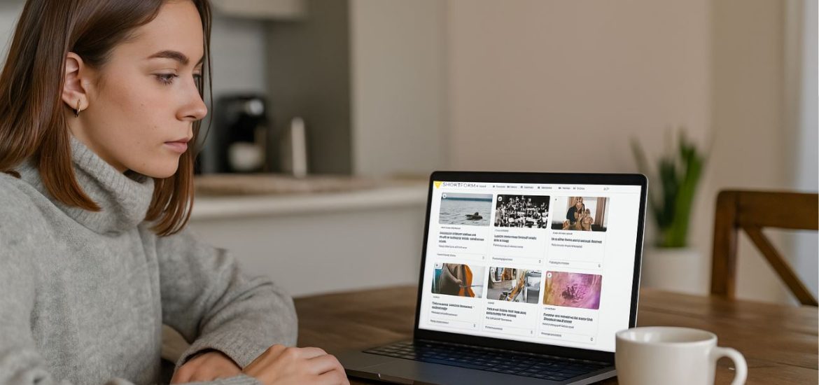 A woman sitting at a dining room table using a laptop to read Shortform Articles