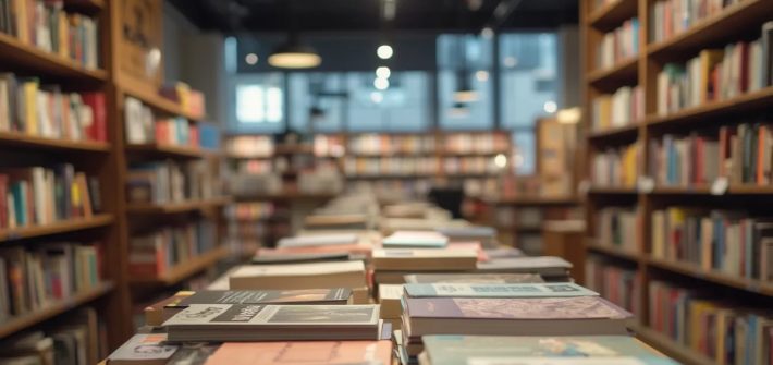 Books stacked on a table and displayed on shelves in a bookstore illustrate the best political biographies
