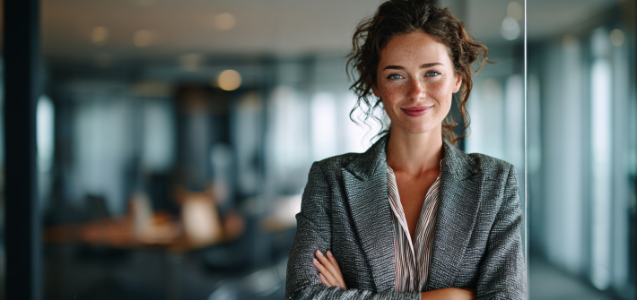A female business leader who practices unconventional leadership, crossing her arms and leaning against a door