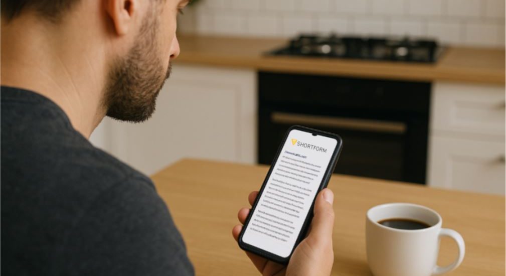 A man sitting at a table with a coffee who is using the Shortform app on his phone