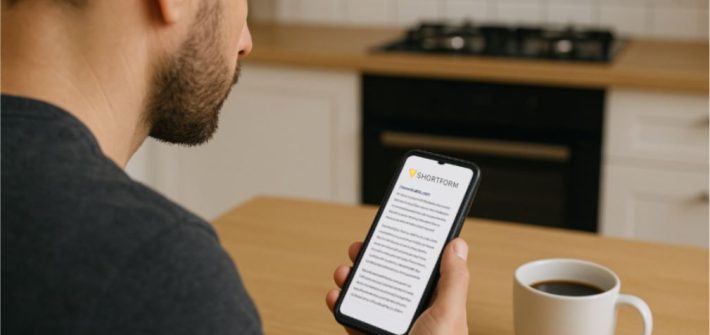 A man sitting at a table with a coffee who is using the Shortform app on his phone