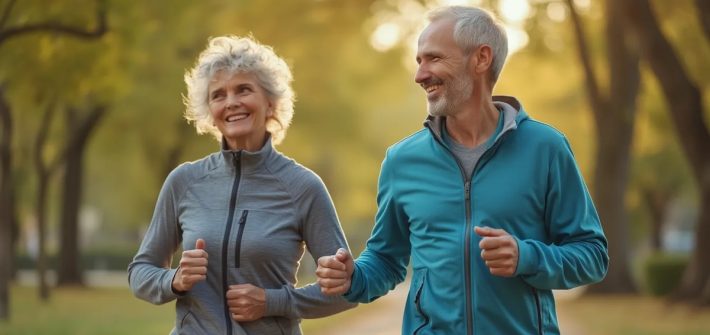 A middle-aged woman and man in fitness attire walking briskly in a park illustrates exercise and aging
