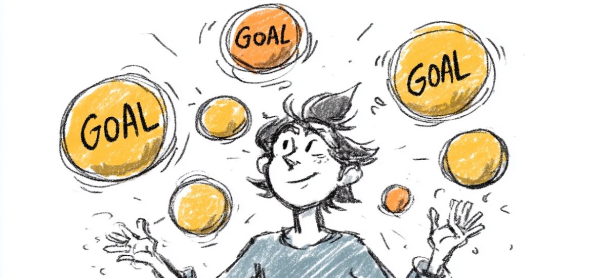 A cartoon sketch of a person juggling multiple goals