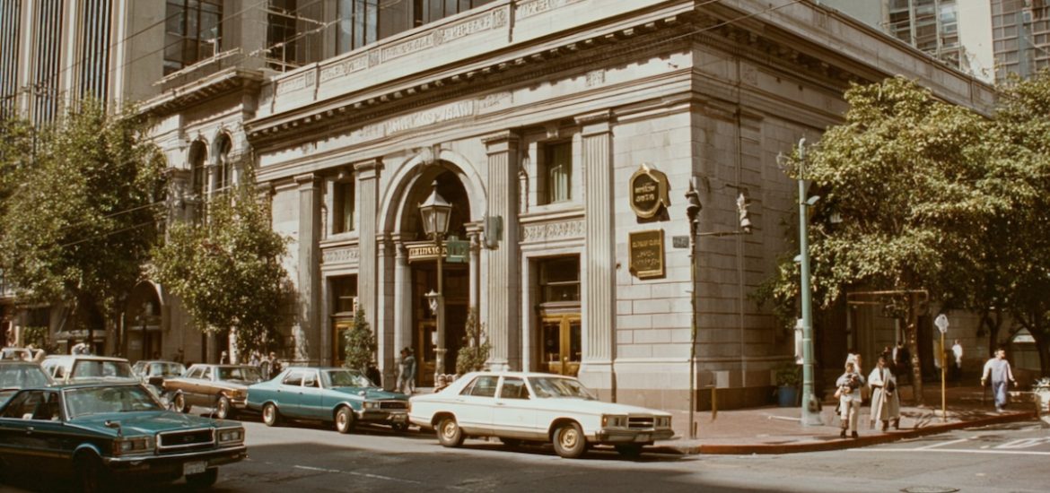 The facade of an urban bank in the 1980s illustrates an epidemic of bank robberies