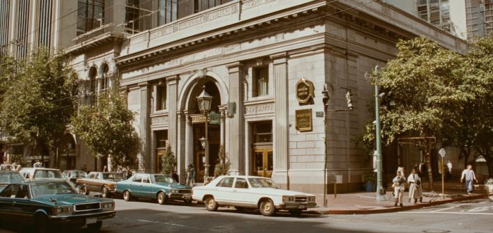 The facade of an urban bank in the 1980s illustrates an epidemic of bank robberies