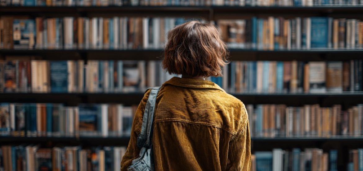 A woman wearing a corduroy shirt, seen from behind, looking at bookshelves illustrates the best books on education