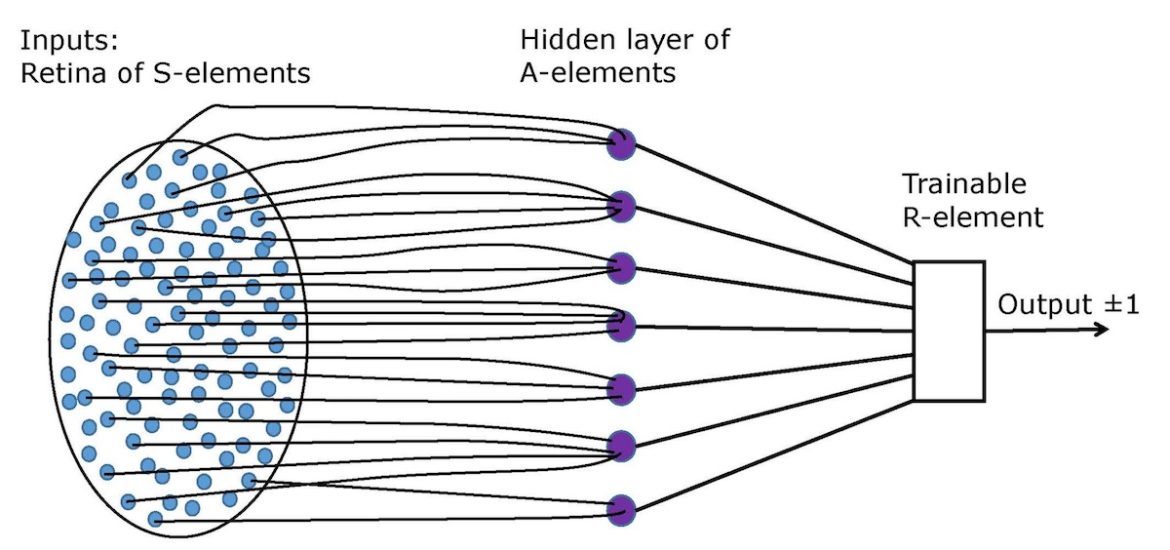 A drawing of an elementary Rosenblatt's perceptron illustrates the early history of neural networks