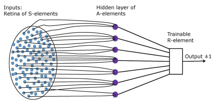 A drawing of an elementary Rosenblatt's perceptron illustrates the early history of neural networks