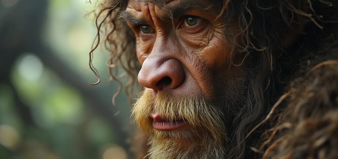 A closeup image of a caveman's face illustrates the ancient brain