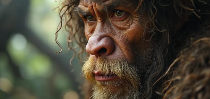A closeup image of a caveman's face illustrates the ancient brain