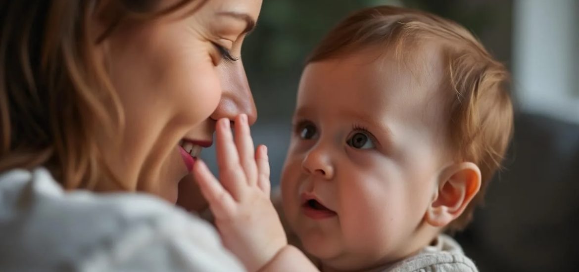 A baby looking at his mother's face and touching it illustrates pattern recognition in humans
