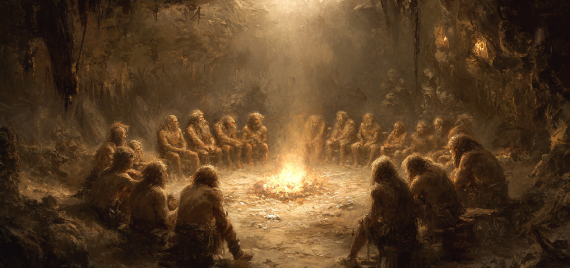 A group of cave people sitting in a social circle around a fire