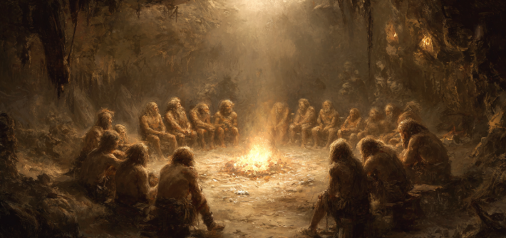 A group of cave people sitting in a social circle around a fire