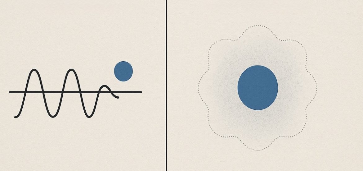 A wave and solid particle contrasted with a single particle in a fuzzy area depicts classical physics vs. quantum mechanics