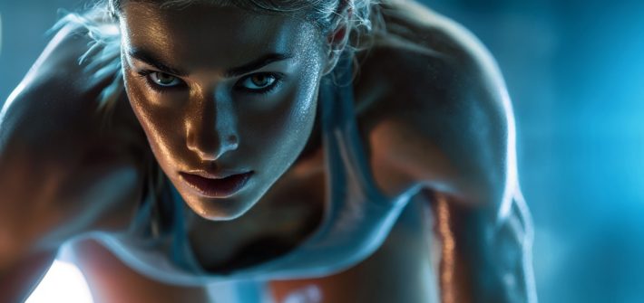 A closeup of a woman wearing workout clothes and sweating illustrates the connection between exercise and disease prevention