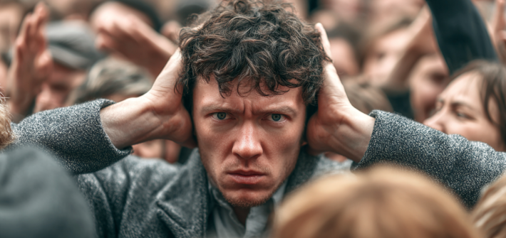A man covering his ears as he's surrounded by a crowd vying for his attention