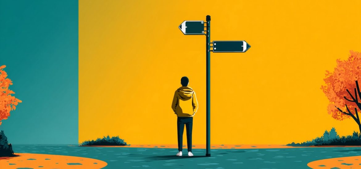 A drawing of a man trying to decide which way to go at a crossroads illustrates the compatibilist view of free will