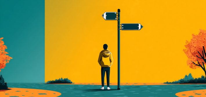 A drawing of a man trying to decide which way to go at a crossroads illustrates the compatibilist view of free will