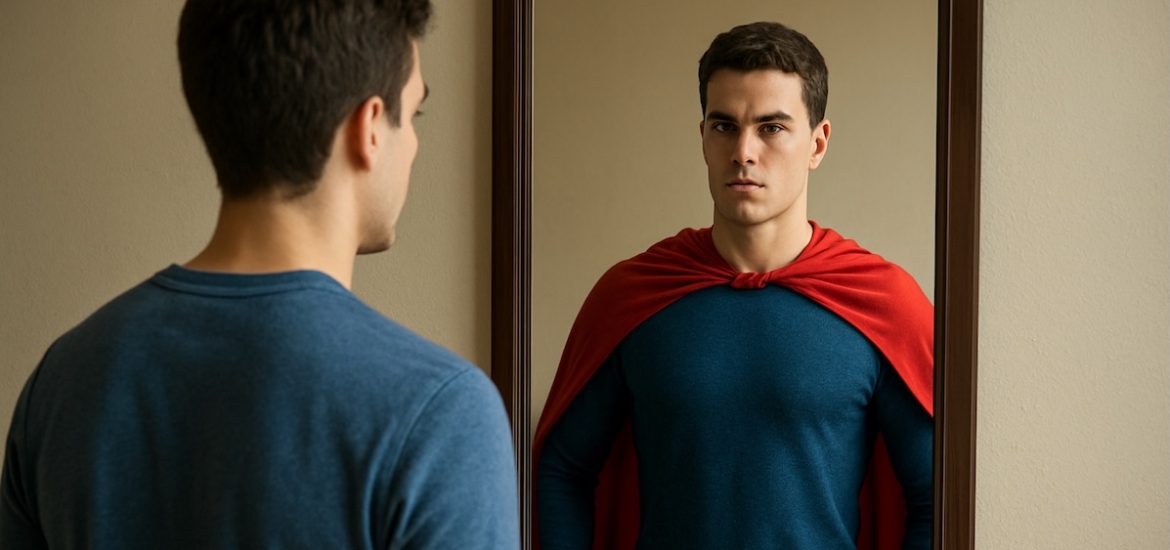 A man wearing regular clothes looking in a mirror, where he's wearing a superhero cape, illustrates how to build courage
