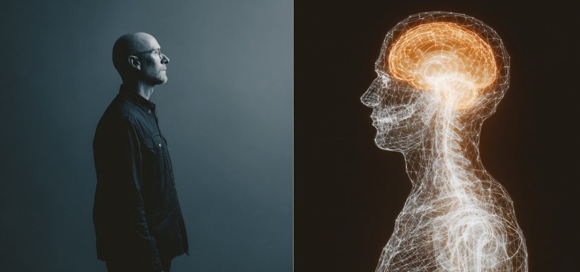 A man and an outline of a body (with the brain illuminated) illustrates continuity of identity and the digital self
