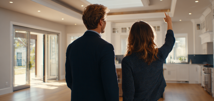 A real estate agent showing an open house plan to a client