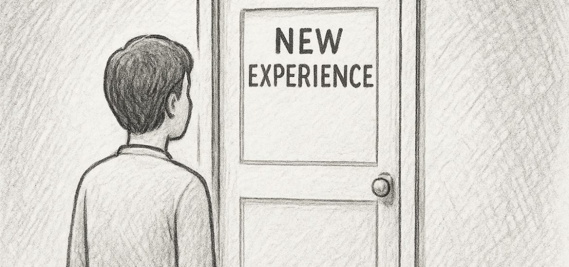 A drawing of a person looking at a door that says "New Experience" on it illustrates how to increase neuroplasticity