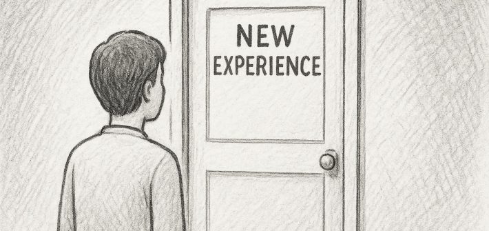 A drawing of a person looking at a door that says "New Experience" on it illustrates how to increase neuroplasticity