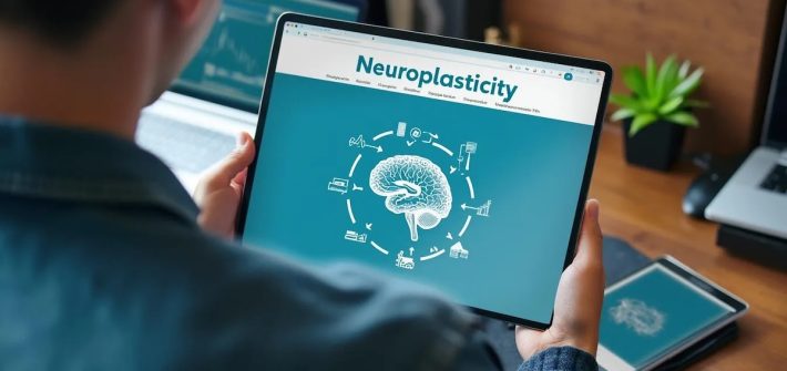 A person holding and looking at a tablet that says "Neuroplasticity" is learning what neuroplasticity is and how it works