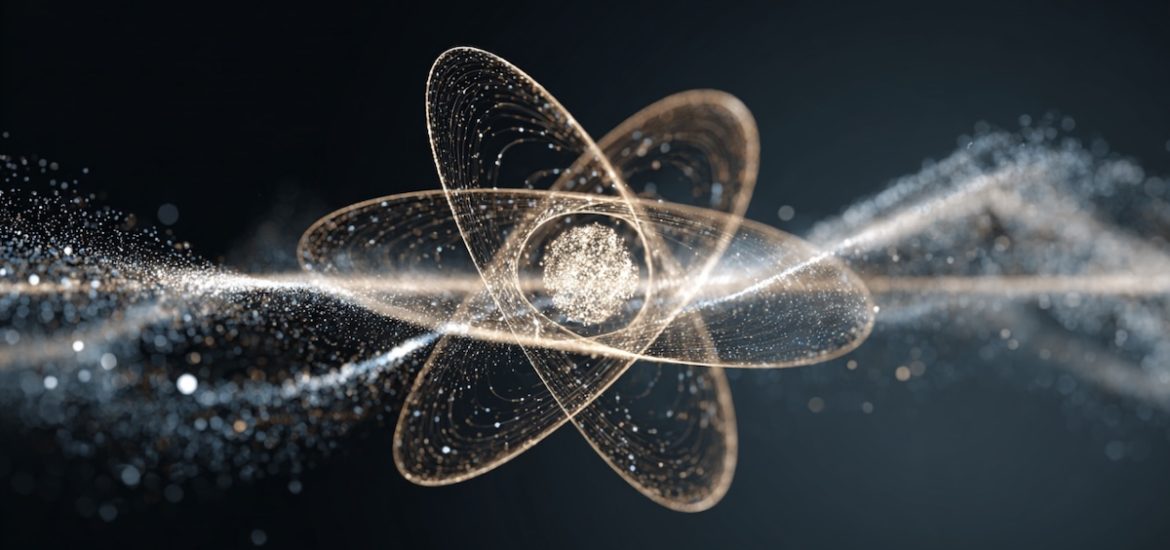 Particle nucleus surrounded by orbital paths and light and particles illustrates the measurement problem (quantum mechanics)