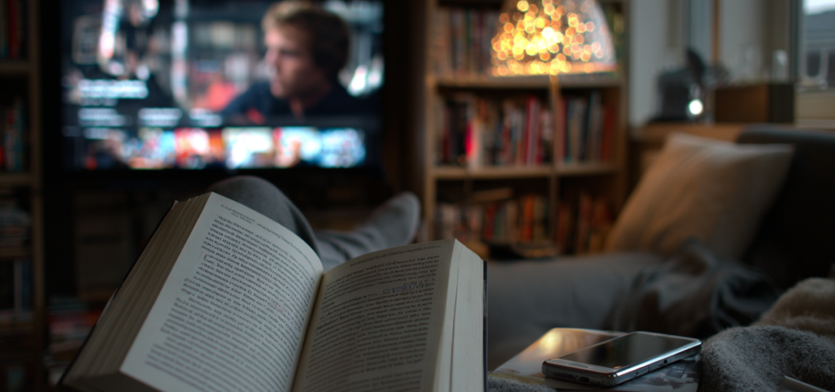 A person reading with the tv on in front of them and their phone next to them