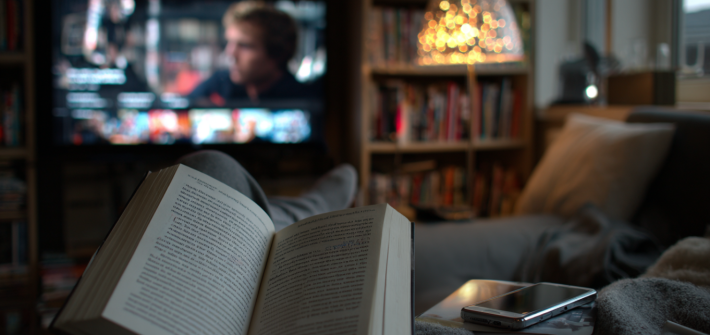 A person reading with the tv on in front of them and their phone next to them