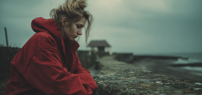 A sad woman alone at the ocean on a gloomy day because she's affected by the loneliness epidemic