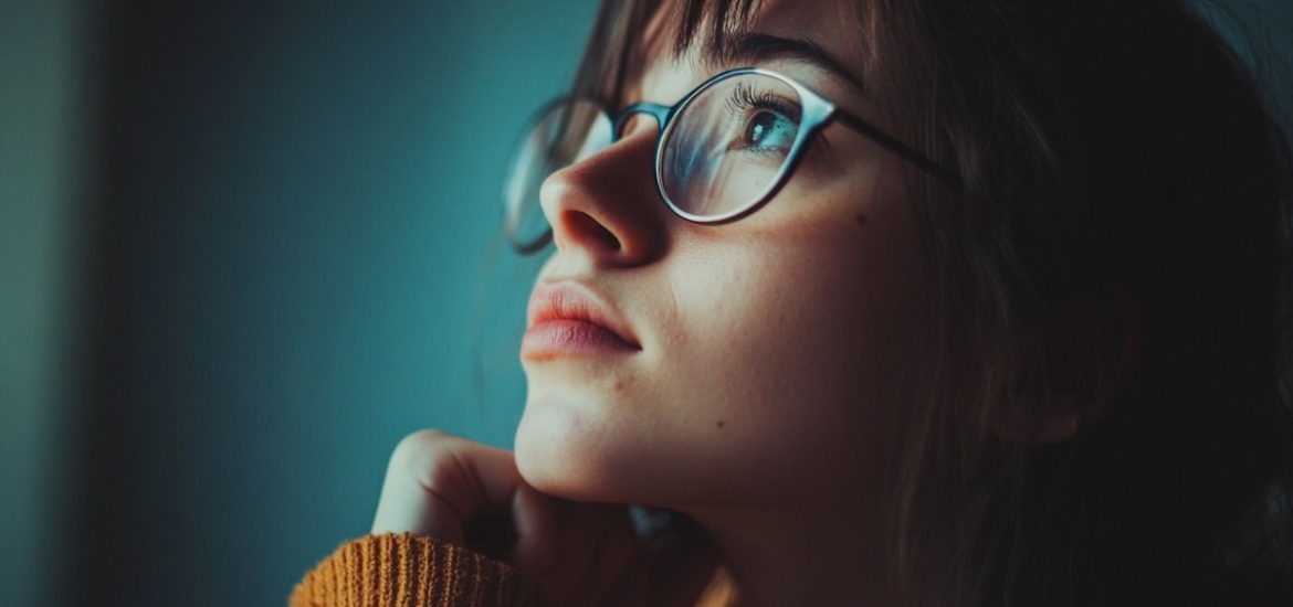 A young woman with eyeglasses looking up in a questioning manner illustrates the question "What does it mean to be brave?"