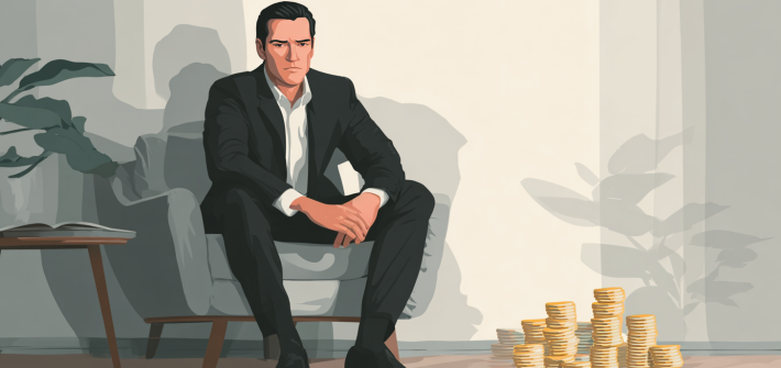 An investor sitting next to a pile of gold coins, showing the pros and cons of investors