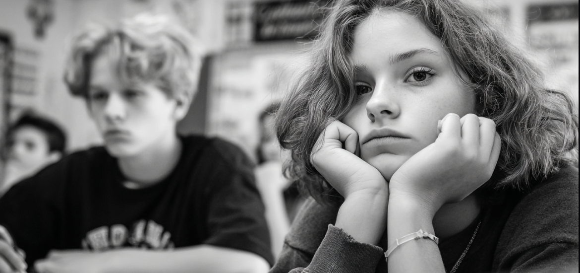 Black and white image of bored students in a classroom