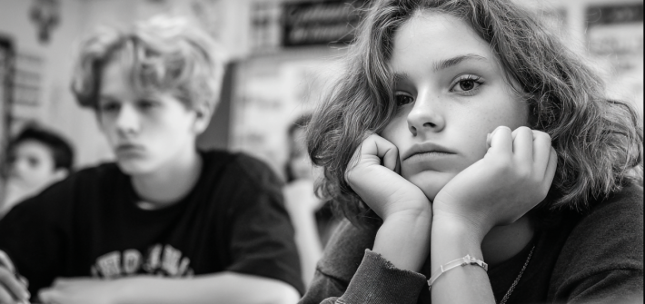 Black and white image of bored students in a classroom