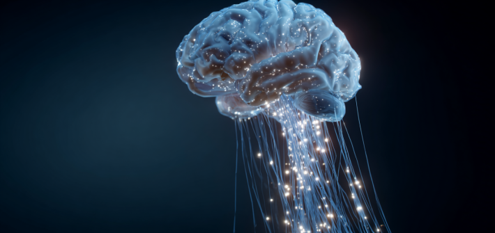 A brain with strings coming from the bottom to represent short term and long term memories