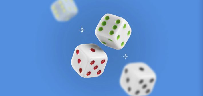 Four dice against a blue background representing basic concepts in probability