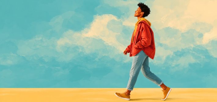 A woman walking for exercise, smiling with eyes closed and head facing up, illustrates physical activity and mental health