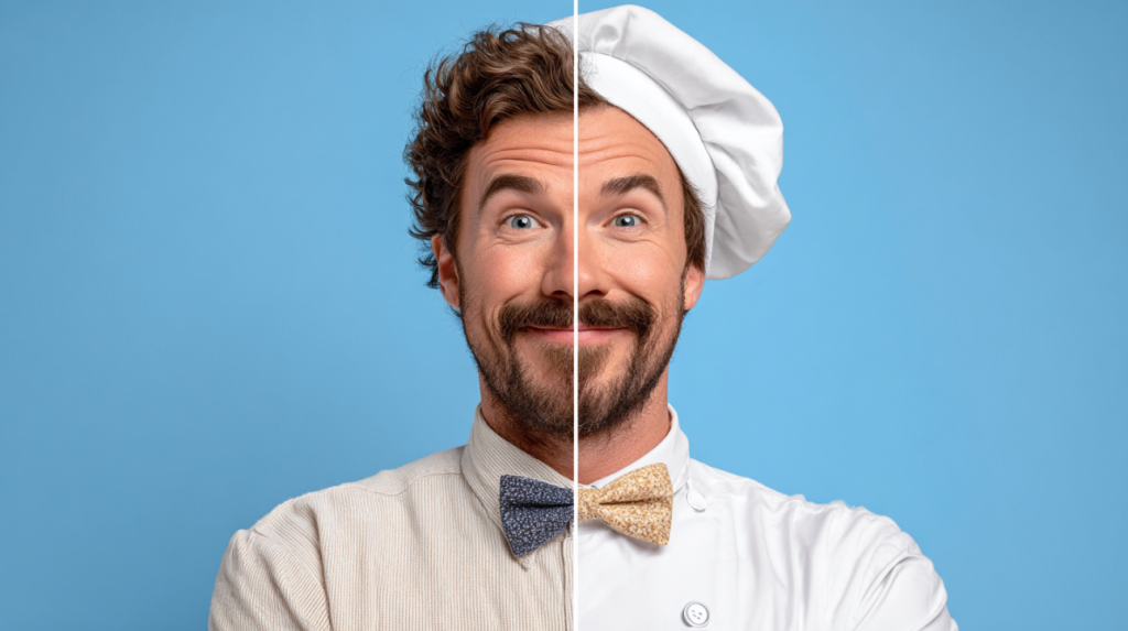 A split image where a man is dressed in everyday clothes on the left side and dressed as a baker on the right side