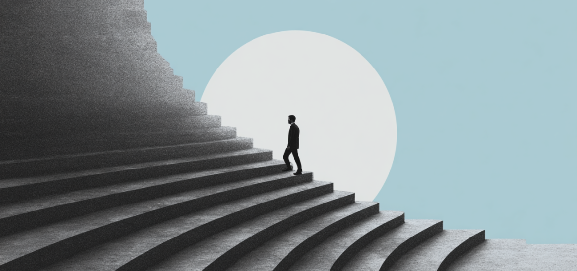 Artistic rendering of a man walking up stairs with the moon in the background