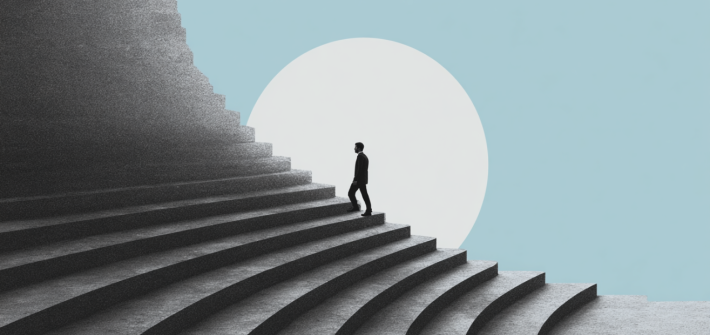 Artistic rendering of a man walking up stairs with the moon in the background