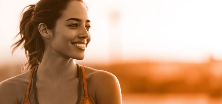 A smiling woman with brown hair in a ponytail looking off to the side illustrates how to make an exercise plan