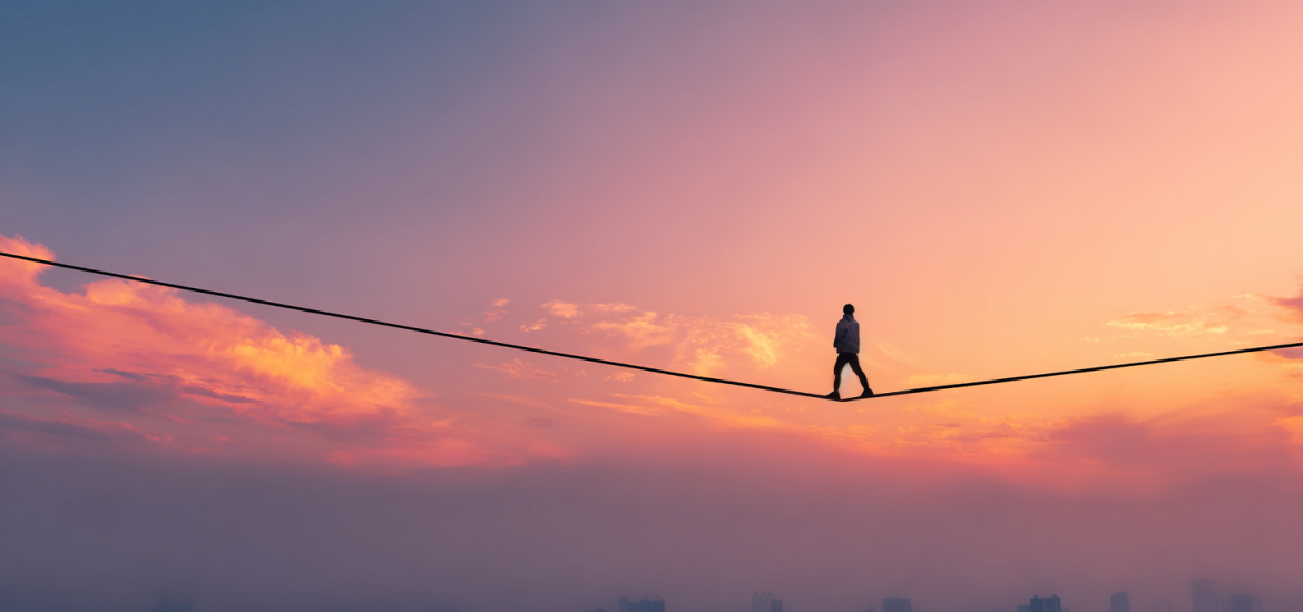 A man walking on a tightrope to take a risk